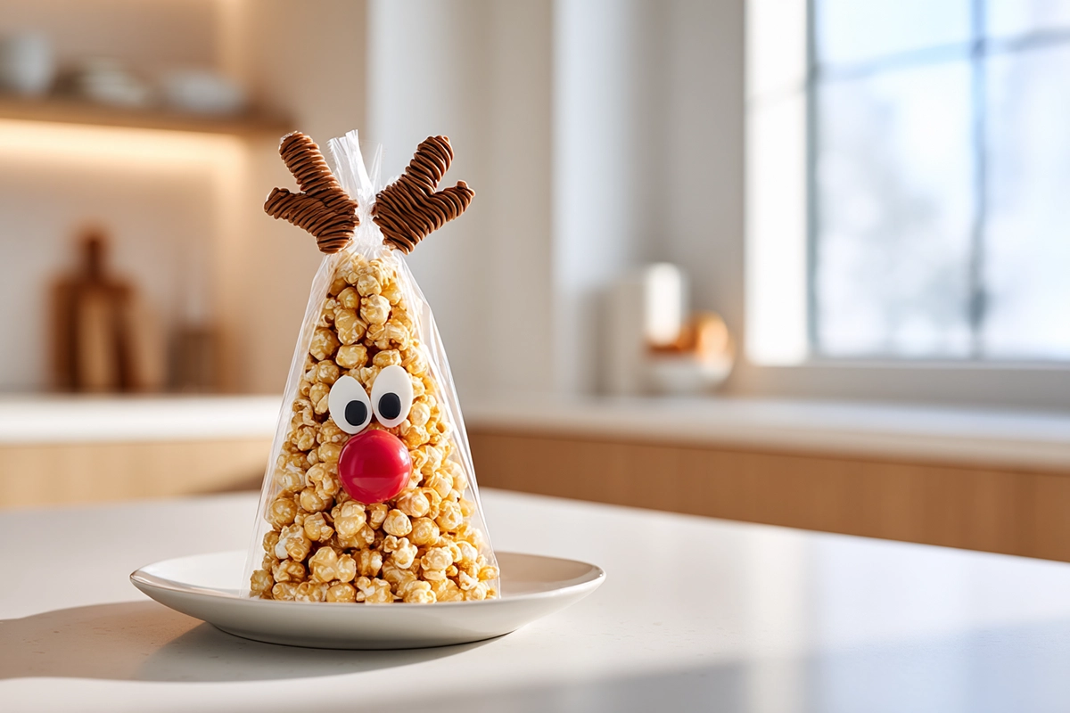 cracker jack reindeer holiday treat made with caramel popcorn