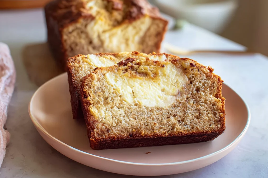 Warm cream cheese banana bread slice cut and served on plate