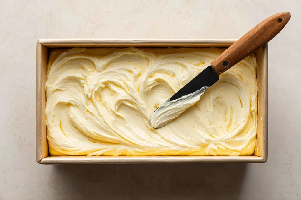 Swirling cream cheese filling into banana bread batter in loaf pan