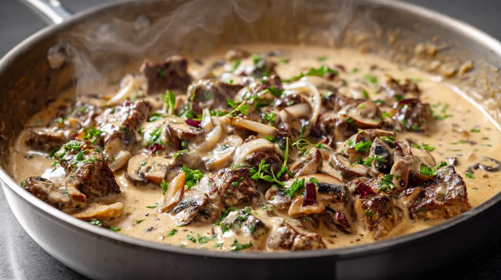 Creamy sauce forming in old fashioned beef stroganoff