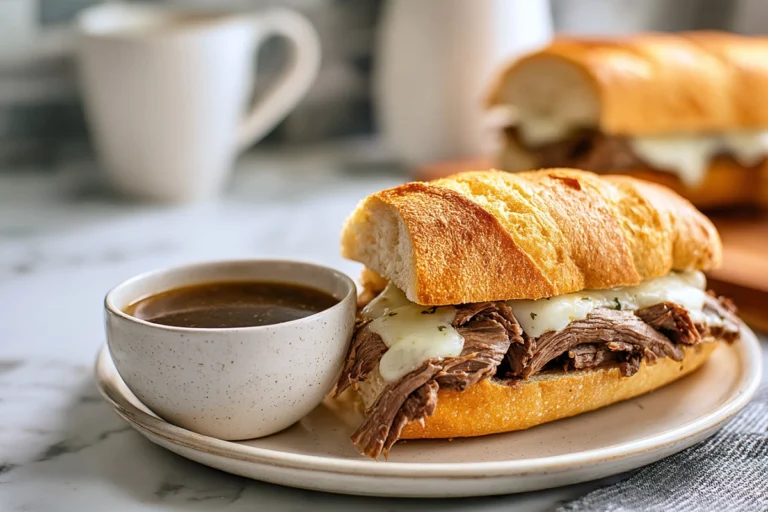 Crockpot French dip sandwich with shredded beef and au jus on a marble countertop