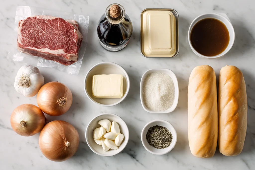 Ingredients for Crockpot French dip sandwich arranged on a kitchen counter