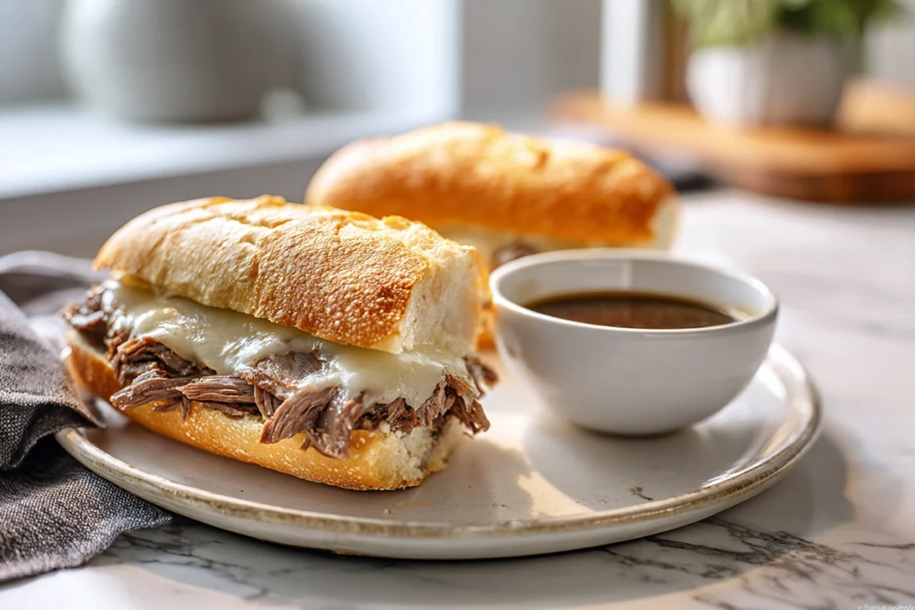 Crockpot French dip sandwich served with au jus for dipping