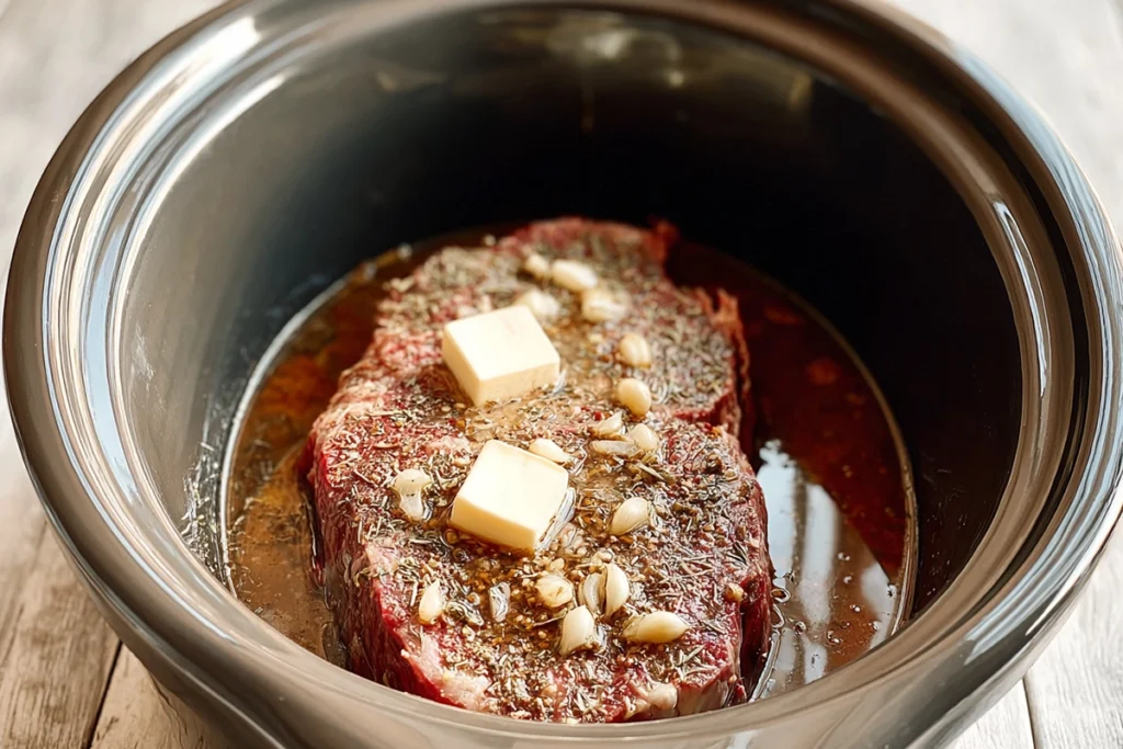 Chuck roast seasoned and ready to cook for Crockpot French dip sandwich