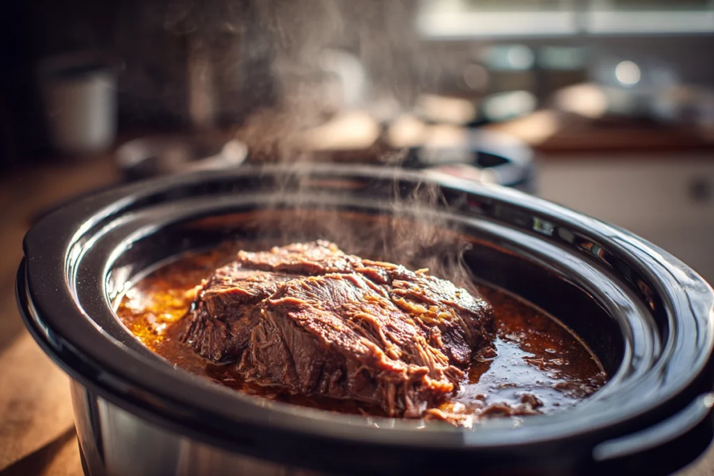 Slow-cooked beef ready to shred for Crockpot French dip sandwich