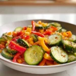 Fresh cucumber and sweet pepper salad served on a ceramic plate