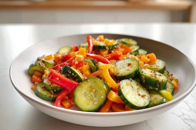 Fresh cucumber and sweet pepper salad served on a ceramic plate