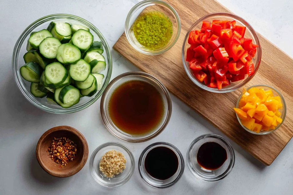 Ingredients for cucumber and sweet pepper salad arranged overhead