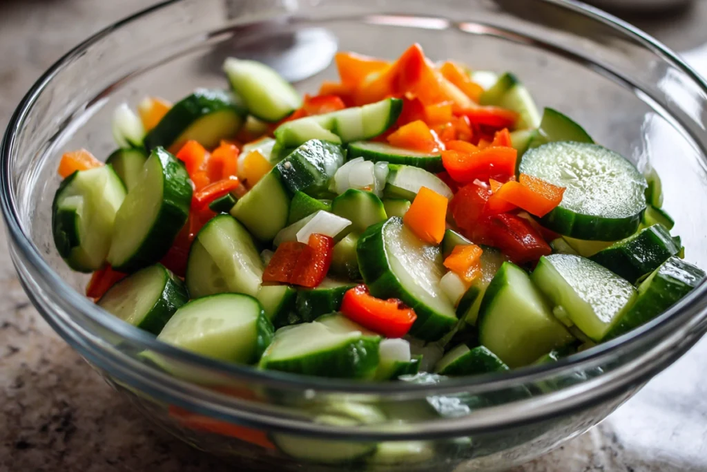 Cucumbers and sweet peppers combined in a bowl for cucumber and sweet pepper salad