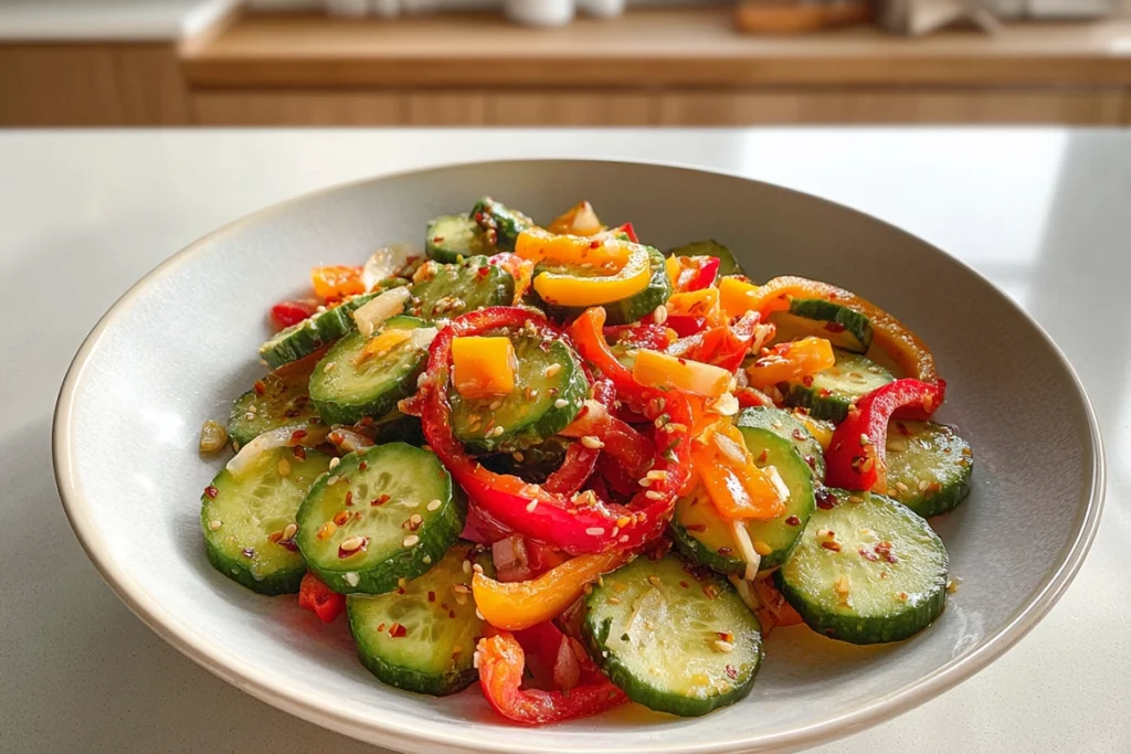 Serving of cucumber and sweet pepper salad ready to eat