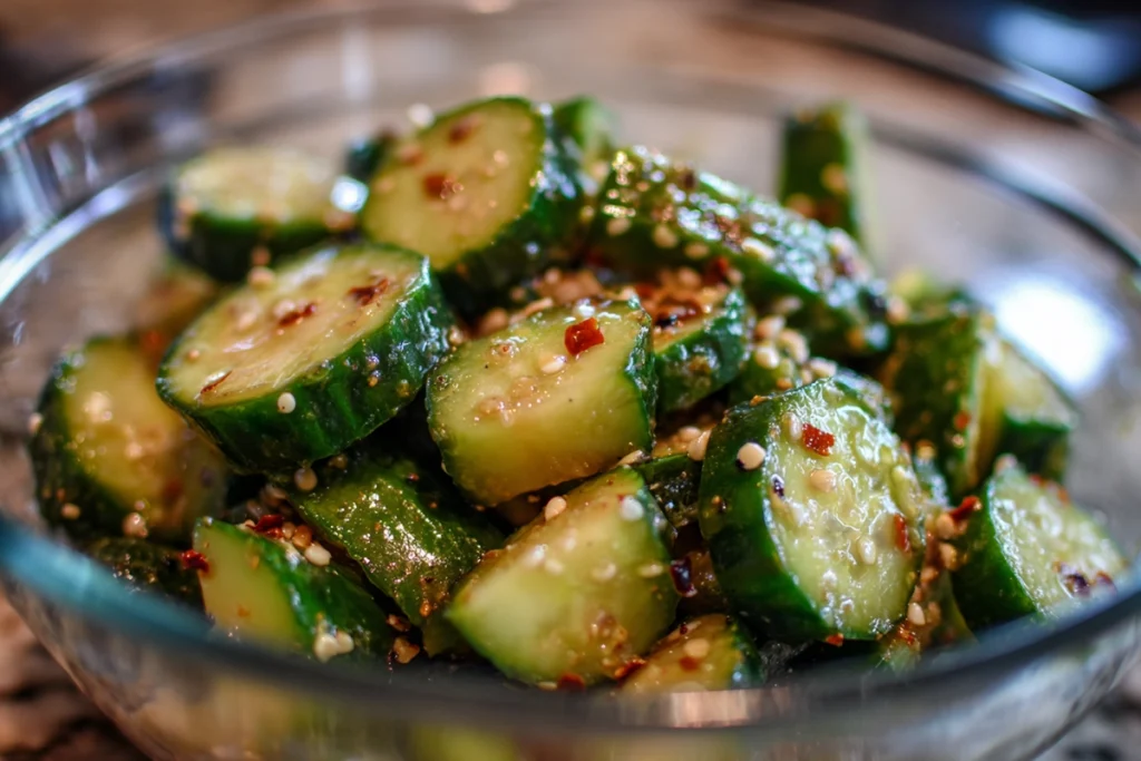 Cucumber and sweet pepper salad tossed with ginger miso dressing