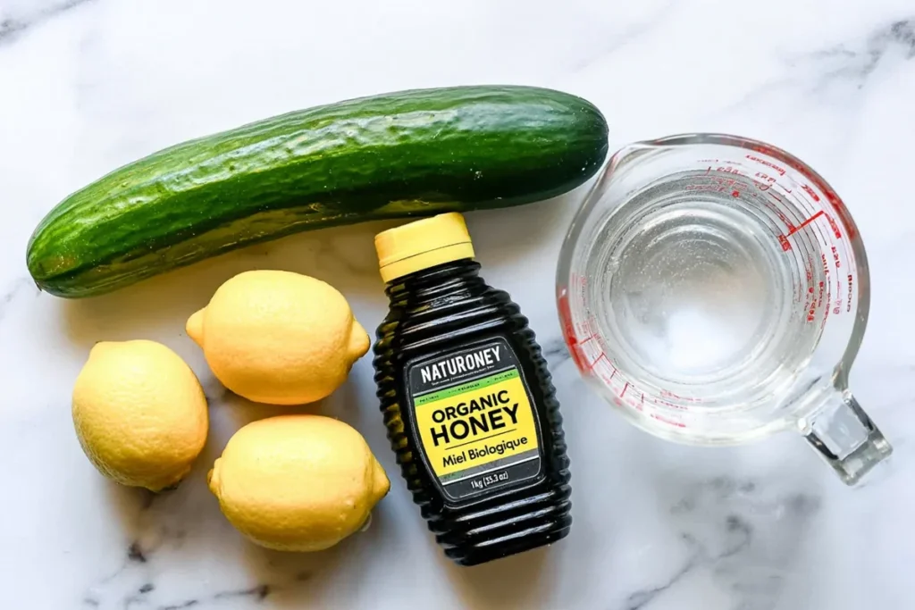 Cucumber Lemonade with Honey for Hot Summer Days 3 Fresh ingredients for cucumber lemonade including English cucumber, lemons, honey, and water