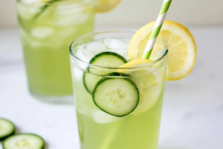 Mohamed Ayad's Cucumber Lemonade Recipe with cucumber rounds, lemon, honey, and ice