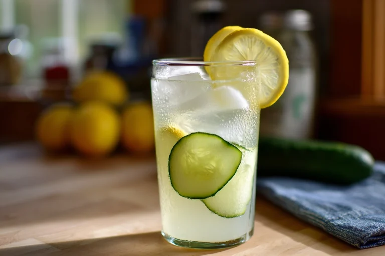 cucumber lemonade with honey served cold in a clear glass