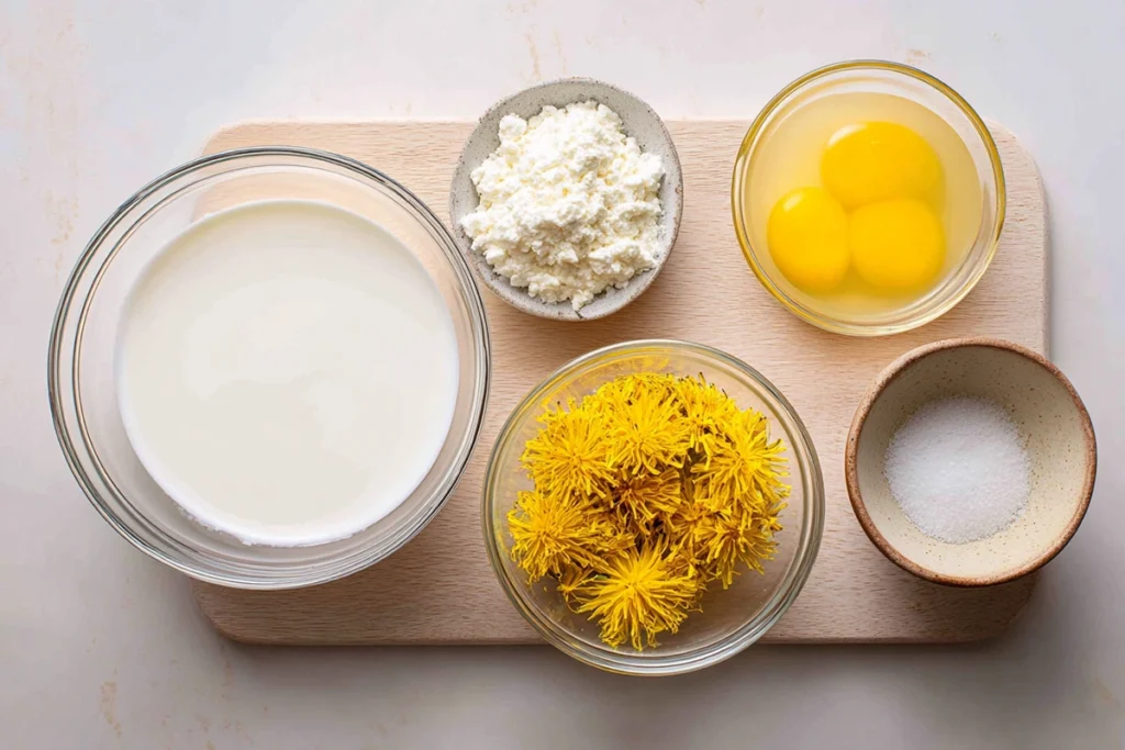ingredients for dandelion honey ice cream arranged overhead
