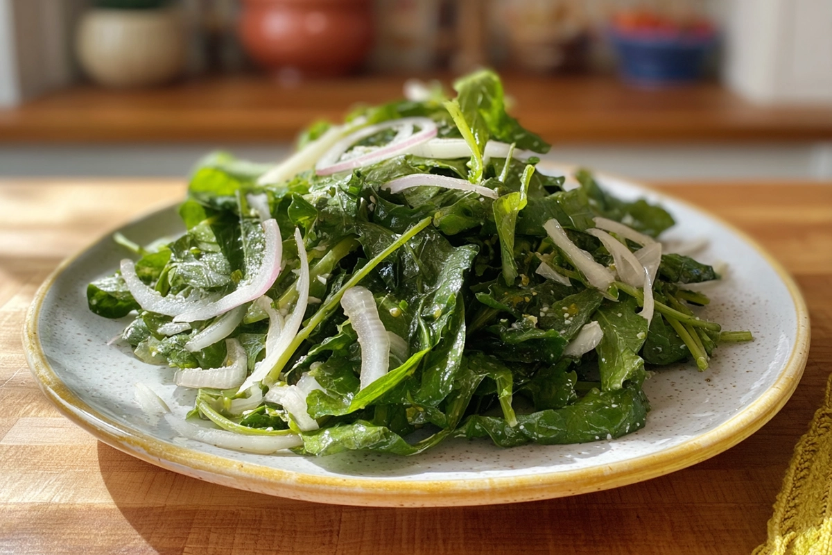 Fresh dandelion salad recipe plated with olive oil and lemon in a cozy home kitchen