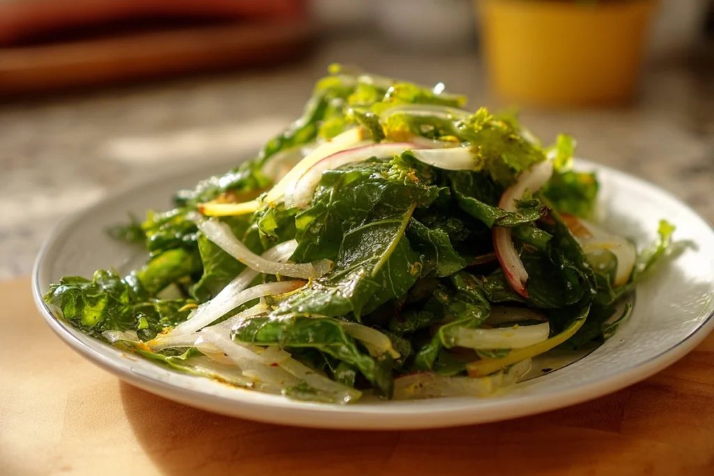 Just-served dandelion salad recipe ready to eat at home
