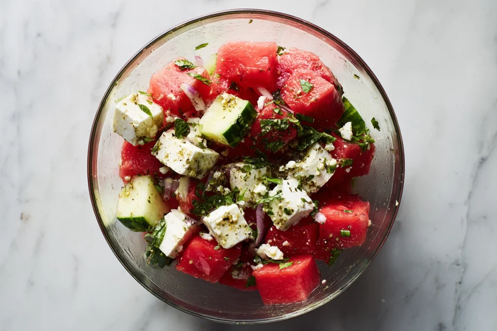 Watermelon cucumber feta salad lightly dressed with lime and olive oil
