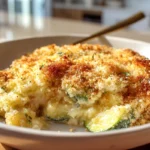 Easy cheesy zucchini casserole plated warm and golden in a modern home kitchen