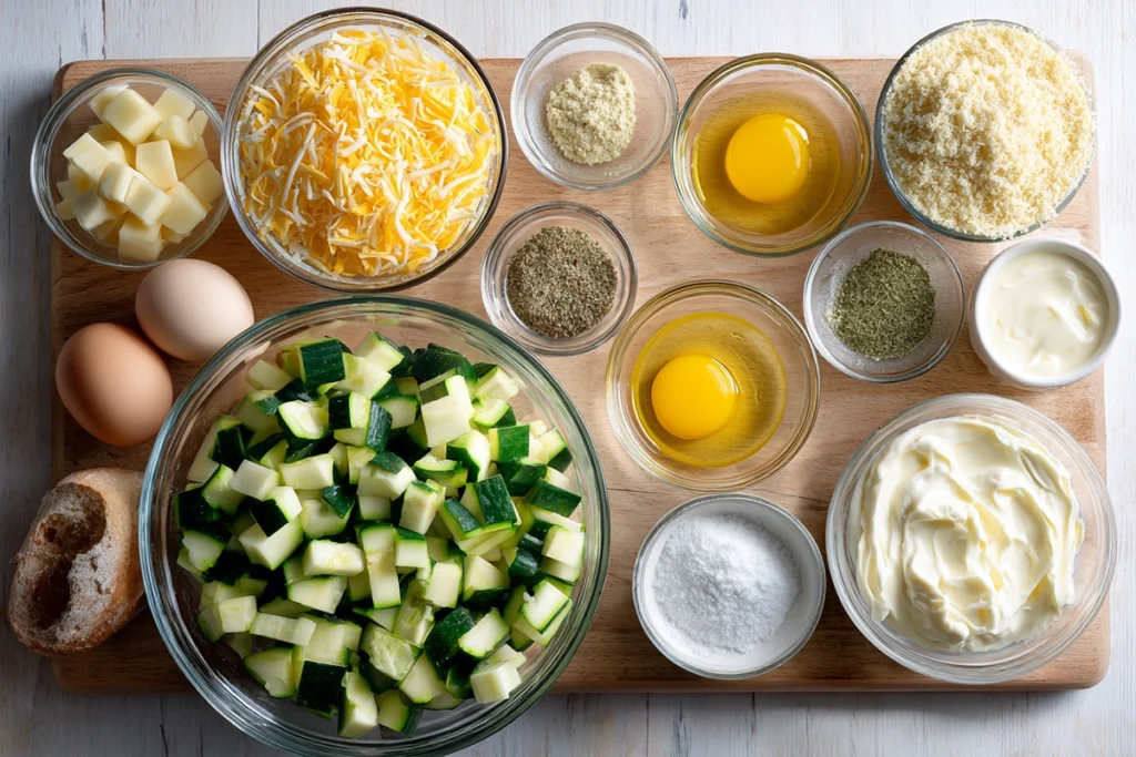 Ingredients for easy cheesy zucchini casserole arranged overhead in glass bowls