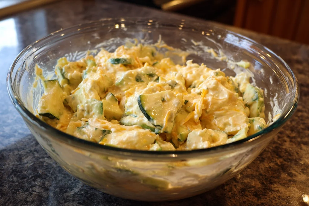 Mixing the filling for easy cheesy zucchini casserole in a glass bowl
