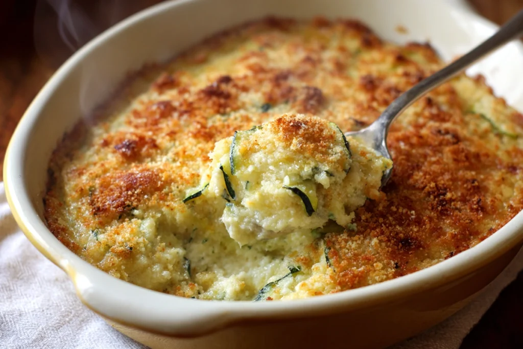 Easy cheesy zucchini casserole served warm with a creamy interior