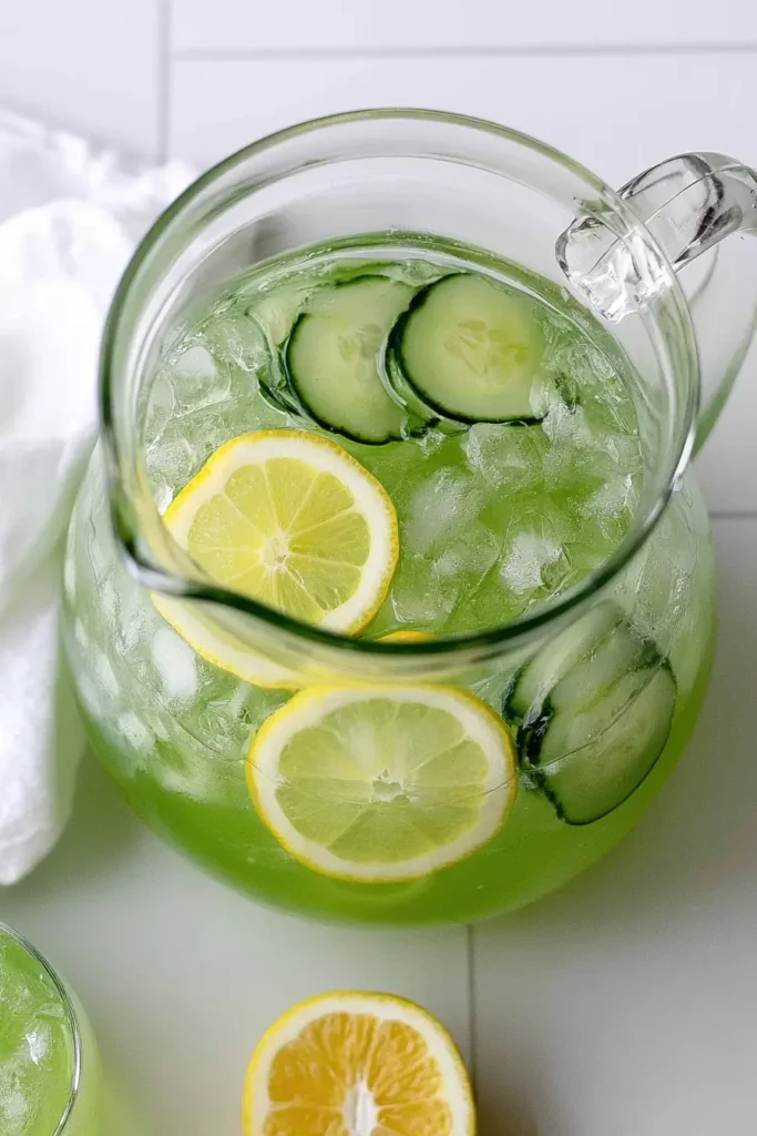 Cucumber Lemonade with Honey for Hot Summer Days 2 Cucumber lemonade with English cucumber rounds, lemon slices, honey, and ice in a glass pitcher