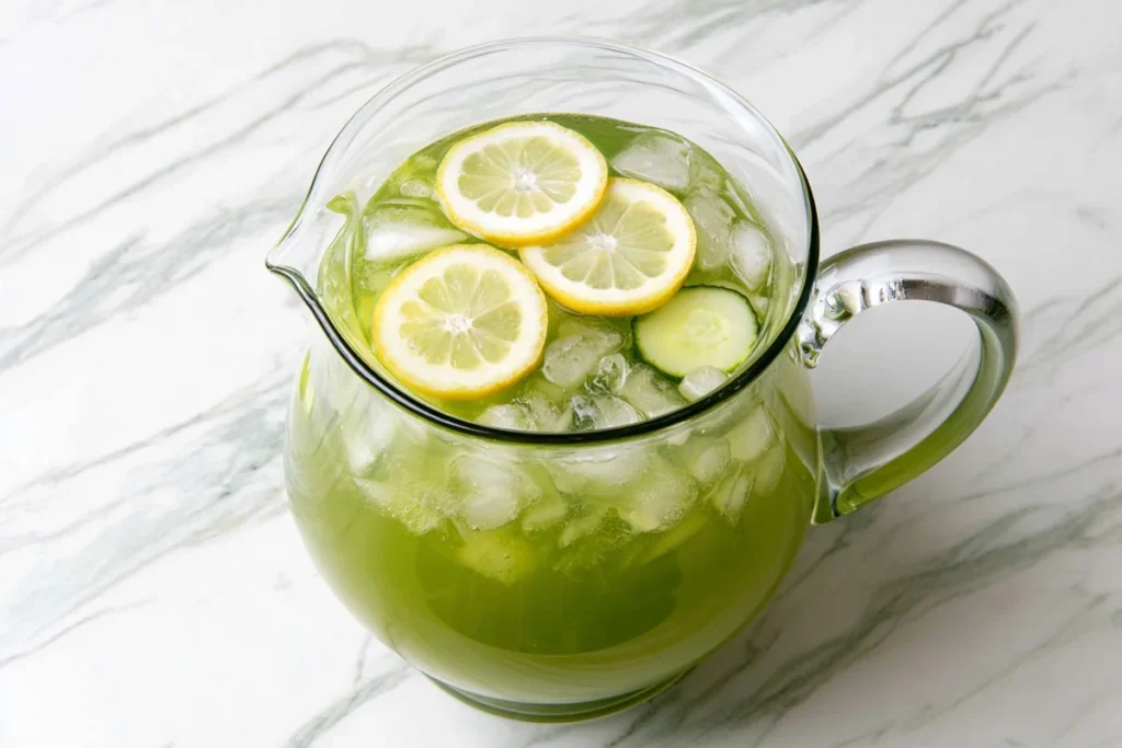 Cucumber Lemonade with Honey for Hot Summer Days 7 Finished cucumber lemonade with honey, ice, cucumber slices, and fresh lemon in a pitcher