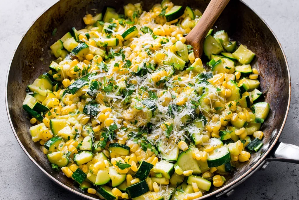 Parmesan zucchini and corn finished with shaved cheese
