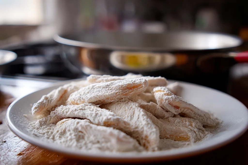 Fish Wings Recipe showing fish wings coated and ready to fry