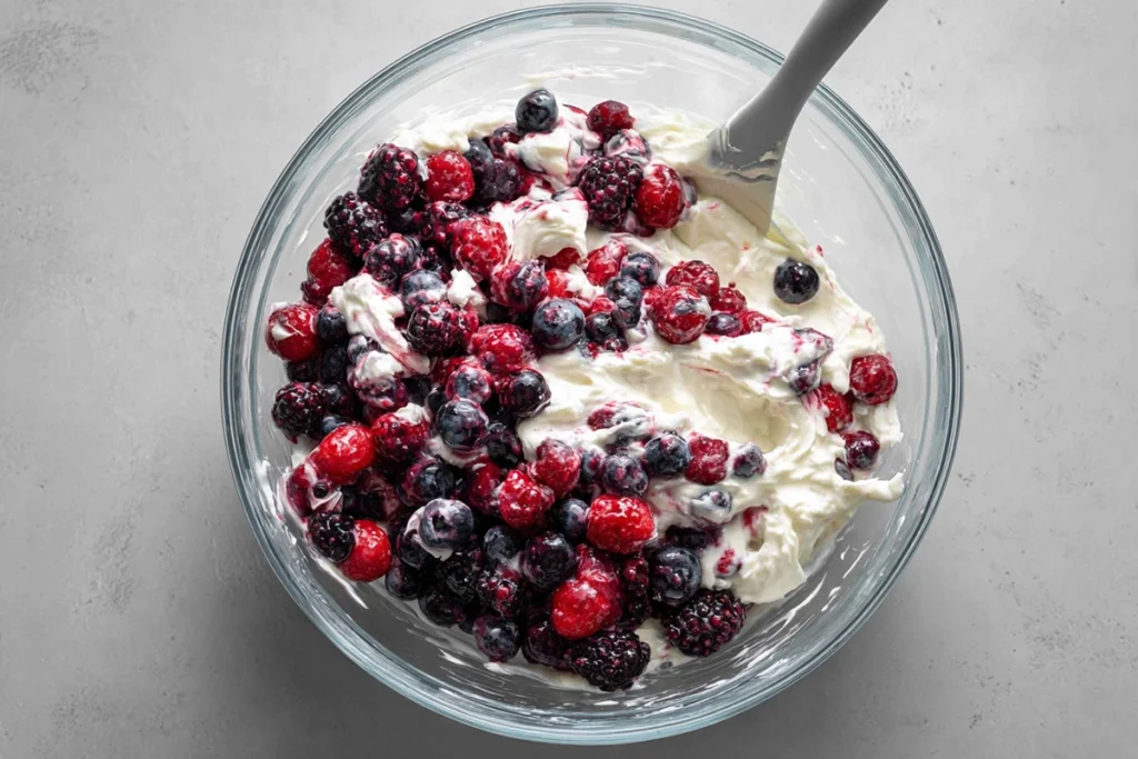 folding berries into cheesecake mixture for berry cheesecake salad