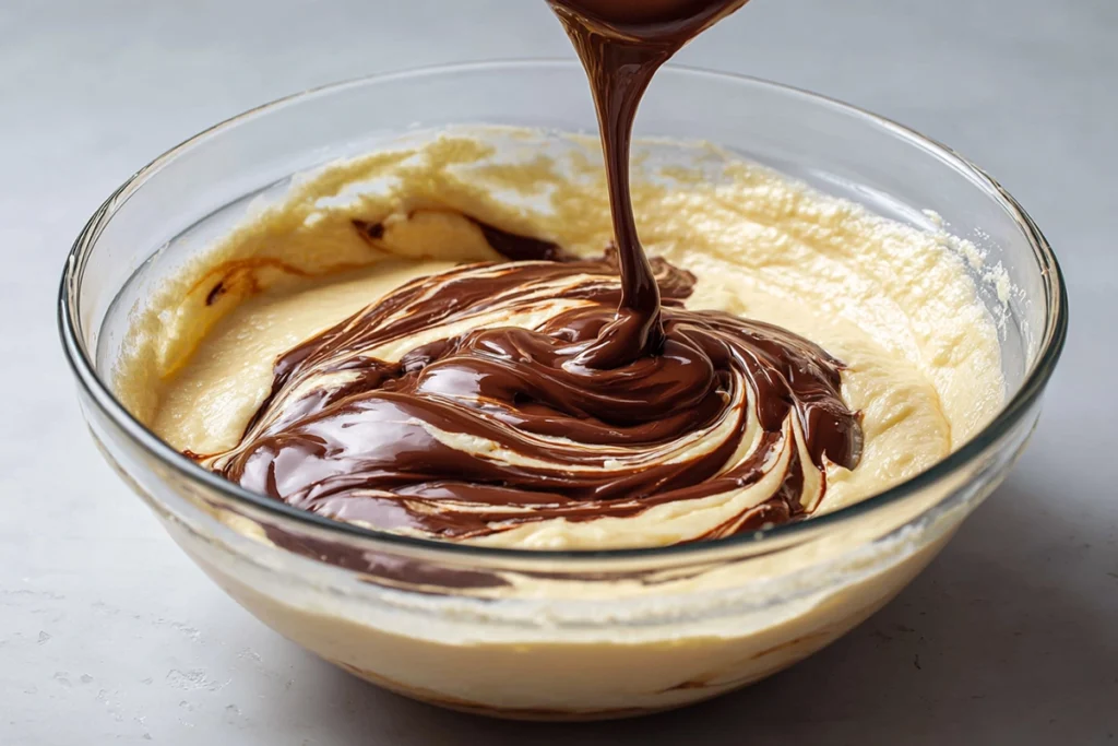 Candy cane brownies batter as melted chocolate is gently folded in