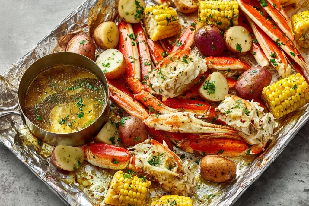 Red Crab Seafood Boil That Brings Everyone to the Table 9 Garlic butter sauce poured over red crab seafood boil ingredients