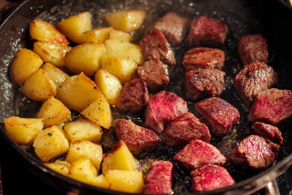 : steak bites and potatoes searing together in a skillet