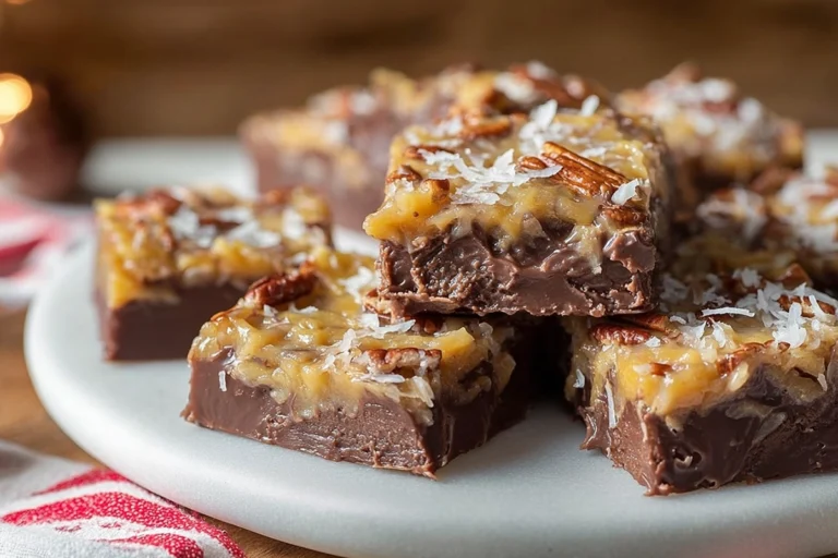 german chocolate fudge with coconut pecan topping on a plate