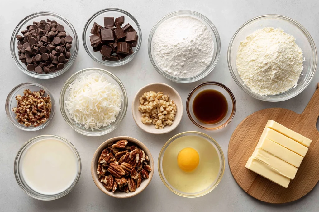 ingredients for german chocolate fudge arranged overhead