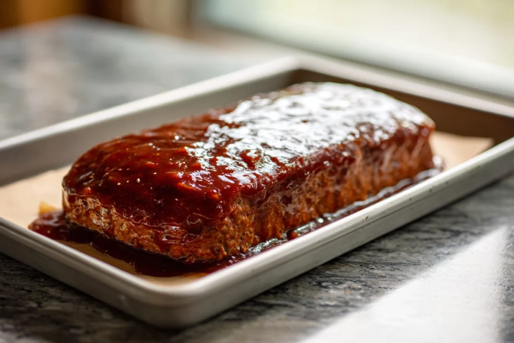balsamic glazed meatloaf coated with glaze before baking