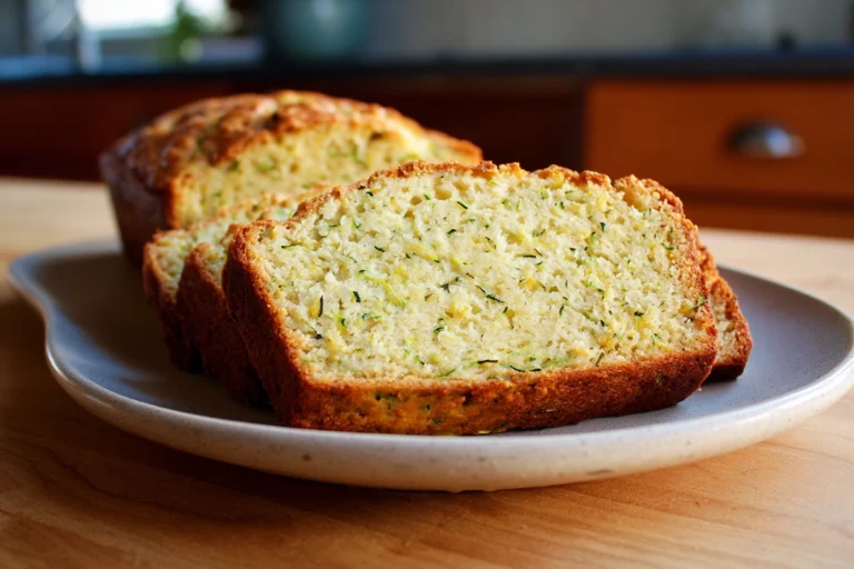 greek yogurt zucchini bread sliced on a plate in a cozy home kitchen