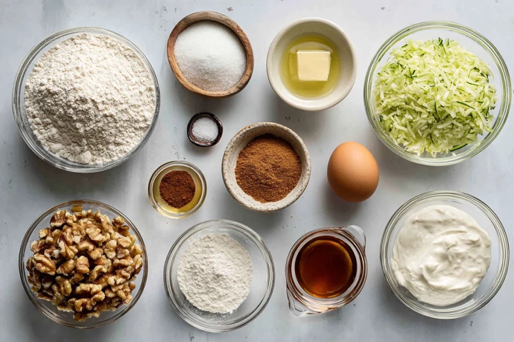 ingredients for greek yogurt zucchini bread arranged overhead