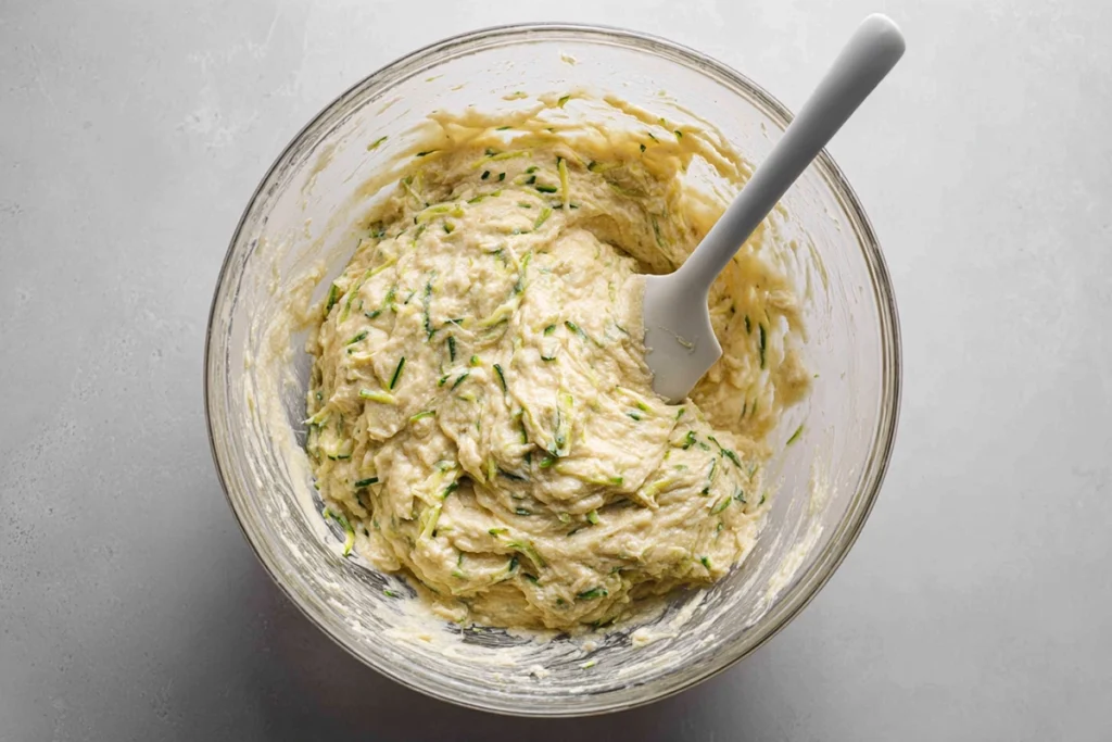 greek yogurt zucchini bread batter mixed with shredded zucchini