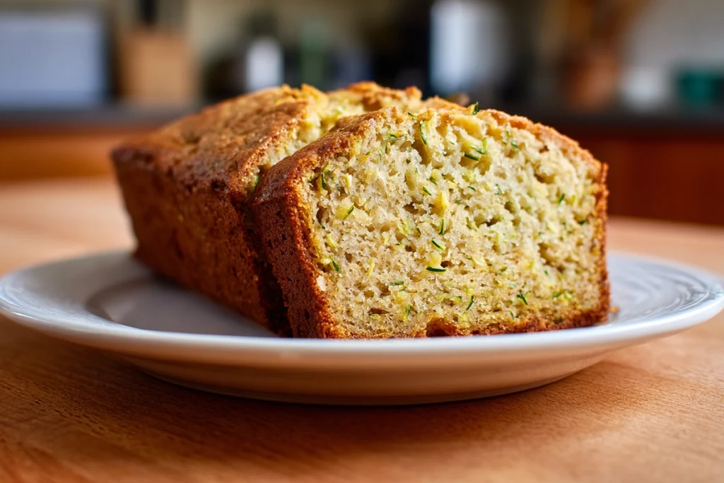 warm slice of greek yogurt zucchini bread ready to eat