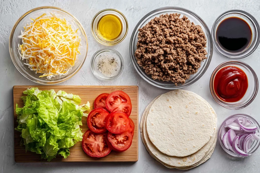 Ingredients for Grilled Cheeseburger Wraps: Portable and Packed with Flavor arranged overhead