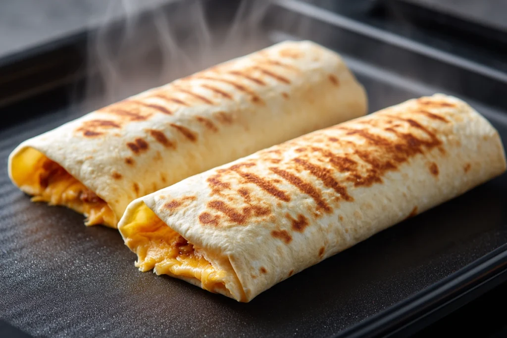 Grilled Cheeseburger Wraps: Portable and Packed with Flavor browning on a grill pan