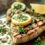 Grilled swordfish steak with garlic lemon butter sauce on a modern kitchen counter