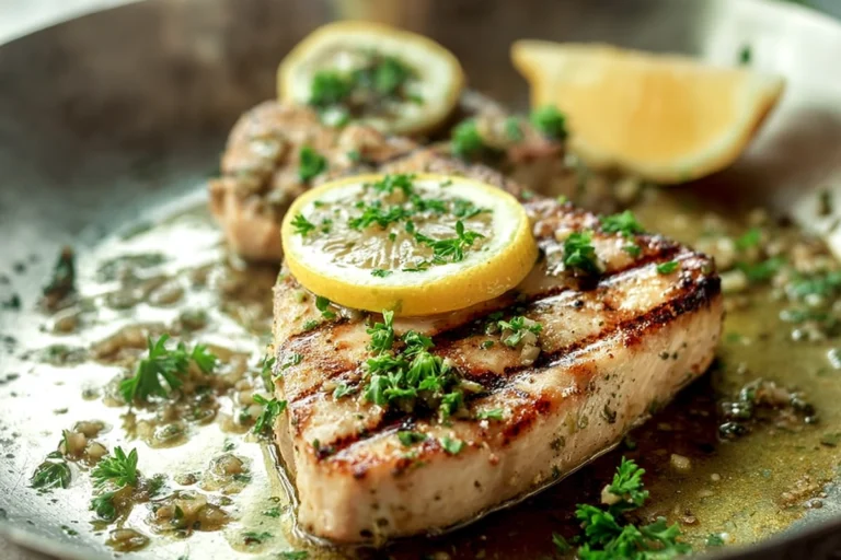 Grilled swordfish steak with garlic lemon butter sauce on a modern kitchen counter