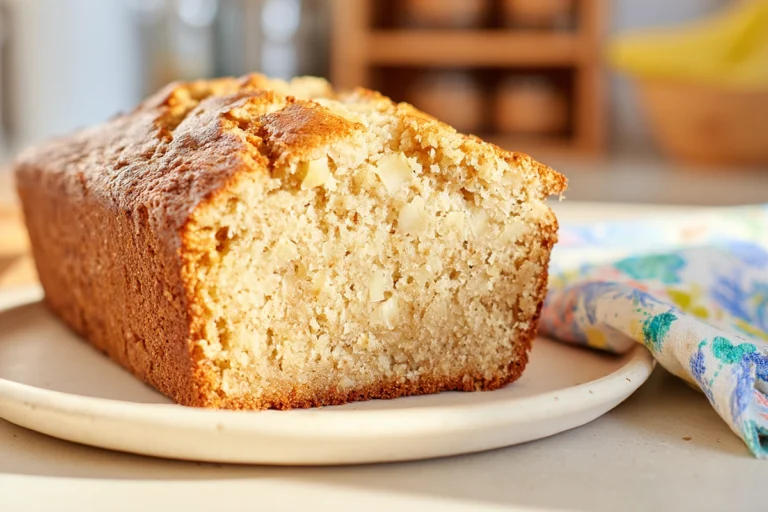 Hawaiian banana bread sliced and served on a plate in a cozy home kitchen