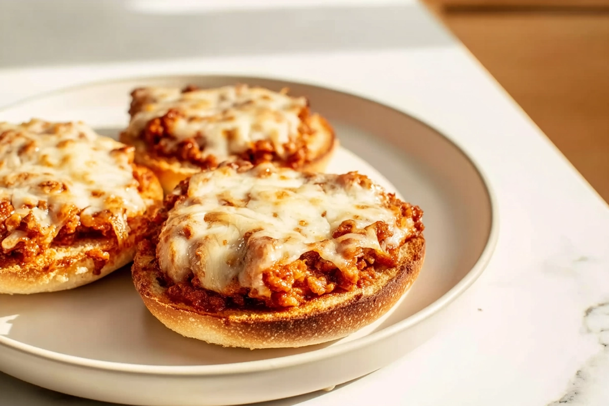 Homemade pizza burgers served open-faced with melted cheese and saucy topping