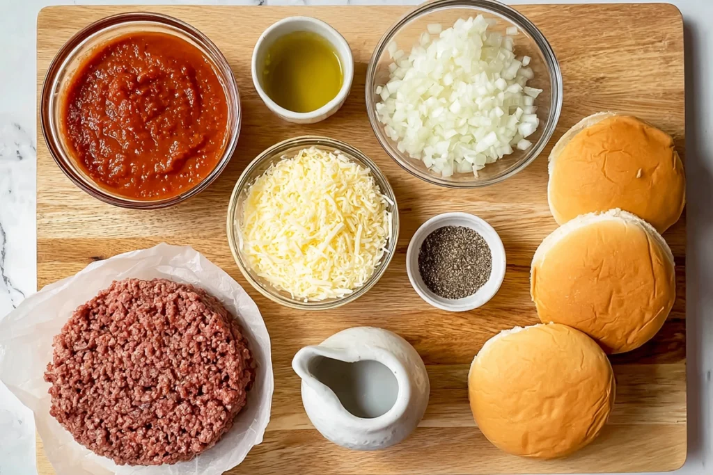 Ingredients for homemade pizza burgers arranged neatly on a kitchen counter