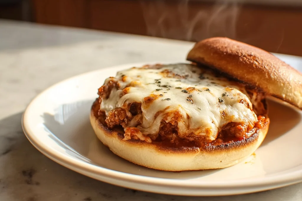Homemade pizza burgers with melted cheese served warm and ready to eat