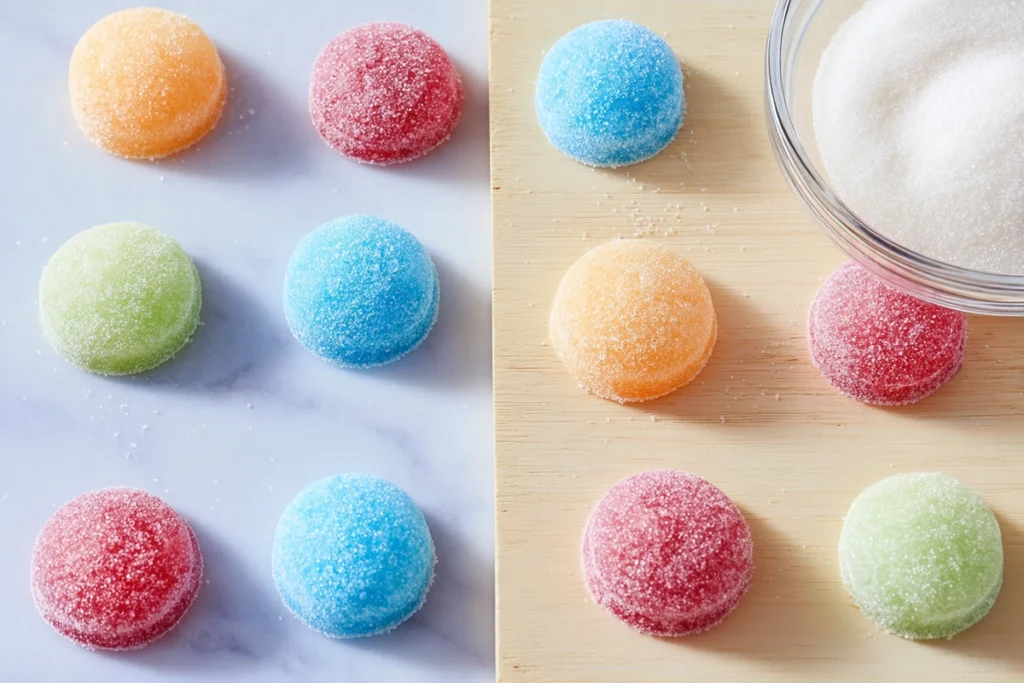 Shaping and coating jello candy melts in sugar before chilling
